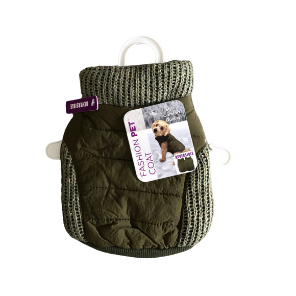 Fashion Pet Olive Warm Cozy Fleece Reversible Sweater Trim Puffy Knitted Coat - Picture 2 of 6